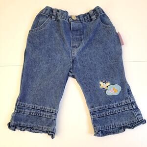 VTG Care Bears Baby Denim Jeans Embroidered Patch Ruffle Hem Elastic Waist 3/6M